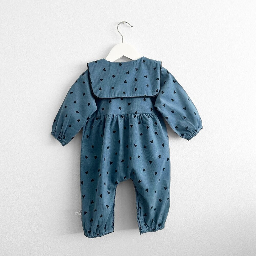 NWT Pretty Girls Long Sleeve One-Piece Romper Corduroy Blue & Black Hearts 3-6M - Picture 3 of 6